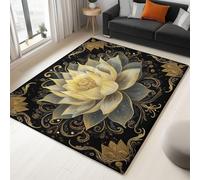 Tapis Salon Salle à Manger Chambre Adulte et Ado, Cuisine - Design Lotus Orné Moderne Noir Or, Poil Ras Doux Léger Antidérapant 120 x 180 cm