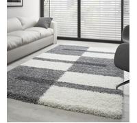 Carpettex Moderne Tapis Salon Gris Clair 240 x 340 cm - Tapis Shaggy à Poils Longs Salle de Séjour Conçu à Carreaux Doux et Moelleux - Cuisine Moquette