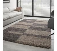 Carpettex Moderne Tapis Salon Tapis Chambre Taupe 240 x 340 cm - Tapis Shaggy à Poils Longs Salle de Séjour Concevoir à Carreaux Doux et Moelleux - Tapis Cuisine Moquette Salon