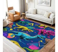 Tapis SalonDinosaure Lavable 200x250 - Motif Retro Années 80 Géométrique Animaux, Grand Tapis Salon Chambre Cuisine Antidérapant Poil Court Doux Decoration Maison Carpet, FD5631