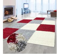 Tapis shaggy à carreaux rouge gris crème - TEPPICH-TRAUM - 120 x 170 cm - Poils longs moelleux