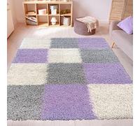 Tapis Shaggy à Poils Longs à Carreaux Lilas 60x110cm