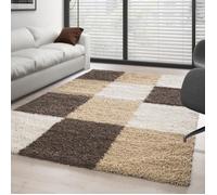 Tapis Shaggy - Ayyildiz - Design à Carreaux - Marron-Blanc-Beige - 80x150 cm - 30 mm de Pile