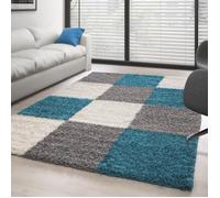 Tapis Shaggy - Ayyildiz - Design à Carreaux - Turquoise-Blanc-Gris - 160x230 cm - 30 mm Pile