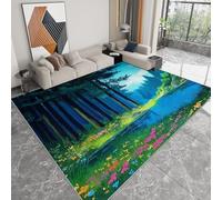 Tapis Shaggy Lavable 120 x 170cm - Moelleux et Antidérapant Caoutchouc Anti-Sable Tapis, Peinture à l'huile forêt de Dessins animés pour Salon Couloir Salle D'étude Décorations Intérieures