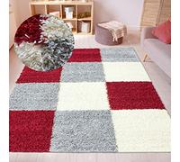 Tapis Shaggy Moderne à Poils Longs Design Carreaux Rouge Gris crème 120x170cm