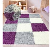 Tapis Shaggy Moderne à Poils Longs Design Carreaux Violet Gris crème 200x290cm