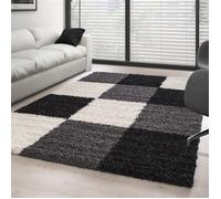 Tapis Shaggy pile longue à carreaux plusiuers couleurs et tailles au choix (200x290 cm - Noir-Blanc-Gris)
