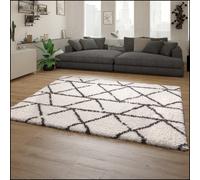Tapis Shaggy Poil Long Motif Scandinave Motif Diamant Gris Blanc Cassé