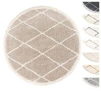 Tapis Shaggy Salon Ronde Ø155 cm Beige Dessin Diamant, Tapis Salon Poils Longs Extra Doux