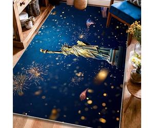 Tapis statue de sapin, feux d'artifice patriotiques festifs, drapeaux américains, jour de l'indépendance, bleu, tapis rectangulaire d'intérieur avec envers antidérapant, ne perd pas ses poils pour