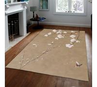 Tapis Style Chinois 60x120 Tapis Fleurs rétro Oiseaux Magnolia Blanc Sakura Lavable antidérapant Pliant Poil Bas pour entrée Salle Manger Sol