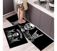 Tapis Style Rock et Sombre 40x60+40x120cm Antidérapant Tapi Image de crâne Noir et Blanc Idéal pour Le Couloir, la Cuisine, Le Salon ou comme Tapis de lit