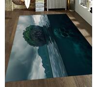 Tapis Style Sombre et Surréaliste avec Motif Île Tropicale et Crâne sous-Marin, Tapis Lavable à Poil Bas pour Salle de Jeux 140x180cm
