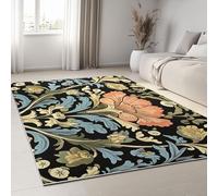 Tapis Super Doux à Poils Courts Bleu Foncé, 160 x 230 cm Tapis De Salon Lavable en Machine, Paillasson Antidérapant pour la Décoration Intérieure - Motif Rétro Fleurs Feuilles Artistique
