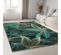 Tapis Super Doux à Poils Courts Vert, 140 x 200 cm Tapis De Salon Lavable en Machine, Paillasson Antidérapant pour la Décoration Intérieure - Motif Feuilles Abstrait Lignes
