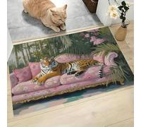 Tapis Tigre Amusant Canapé, Paillasson Jardin Tropical Avec Animaux Rose-Vert Rectangulaire, Antidérapant Piège Visuel De Porte, Absorption Tapis Effet Optique Pour Salle Bain Chambre 90X150Cm