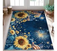 Tapis tournesol - Feux d'artifice patriotiques festifs - Drapeaux américains - Tapis d'intérieur à poils courts - Ne perd pas ses poils - Pour salle de bain, buanderie, cuisine, entrée - 0,9 x 1,5 m