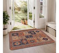 Tapis traditionnel du Moyen-Orient médaillon patchwork 60 x 91 cm | Disposition patchwork, design inspiré du Moyen-Orient, bordures géométriques, tons de terre chauds, décoration de couloir