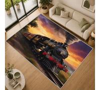 Tapis Train à Vapeur Vintage Lavable en Machine Antidérapant 80x150cm | Tapis Salon Chambre Rail Coucher de Soleil, Rug Poil Ras Doux pour Couloir Cuisine Descente de Lit Décoration, mJ395