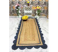 Tapis tressé festonné festonné en jute naturelle, respectueux de l'environnement et durable, style rustique bohème pour salon, chambre à coucher ou entrée, 7,8 x 2,4 m, bleu marine