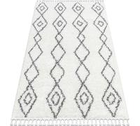 Tapis UNION 3374 Diamonds, chaîne crème / frange grise, Maroc Shaggy blanc 140x190 cm