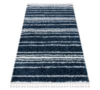 Tapis UNION 4080 Rayures bleu et crème Franges berbère marocain shaggy 140x190 cm