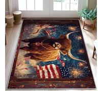 Tapis vache des Highlands, patriotique rustique, drapeaux américains, feux d'artifice, jour de l'indépendance, tapis d'intérieur à poils courts marron, ne perd pas ses poils, entrée, salle de bain