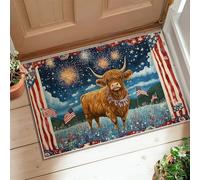 Tapis vache des Highlands, patriotique rustique, feux d'artifice, drapeaux américains, jour de l'indépendance, paillasson rectangulaire à poils ras - Ne perd pas ses poils - Pour salle de bain, entrée