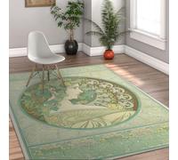 Tapis Vintage 120x150 Portrait féminin Tapis Verts de Fleurs | Tapis chambre antidérapants Easy Care moquette lavable résistante taches table chevet salon buanderie bureau