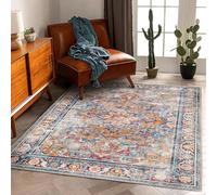 Tapis vintage à l'aspect vieilli pour salon, chambre à coucher, salle à manger et bureau, motif médaillon multicolore lavable, rouge, jaune, bleu, beige et ge - 200 x 335 cm