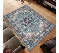Tapis vintage à poils courts et lavables - Motif floral - Doux et lavable - Décoration d'intérieur pour salon, chambre à coucher, salle à manger, entrée, motif traditionnel - Bleu rose antique - 120 x