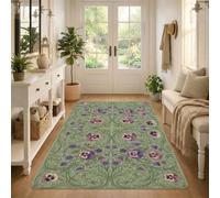 Tapis vintage avec pensées botaniques - 0,9 x 1,5 m | Style botanique vintage, fond vert sauge, thème jardin floral, texture douce à poils longs, accents d'intérieur polyvalents