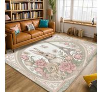 Tapis vintage botanique à motif lapin, tour de Paris, fleurs, printemps, pastel, pêche, éponge à poils courts pour la maison, tapis d'intérieur qui ne perd pas ses poils pour salon, chambre à coucher