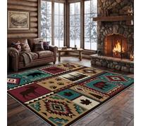 Tapis Vintage Ours Pin Doux et Lavable en Machine, 160 x 230 cm | Boho Patchwork Facile d'entretien Poil Ras Tapis Pour Cuisine Chambre d'enfant, Antidérapant Moelleuse Tapis, Rouge Vert