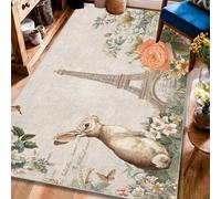 Tapis vintage shabby chic motif tour de Paris fleurs printemps pastel tapis de sol rectangulaire imprimé pour salon, chambre à coucher, salle à manger, bureau, décoration 1,2 x 1,8 m