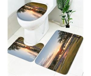 Tapis WC Salle de Bain 3 Pièces Parc du lac au Coucher du Soleil Ensemble Tapis Antidérapant Doux Absorbant Vert Tapis Toilette et WC pour Salle de Bain et Toilettes