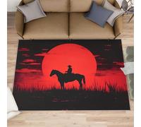 Tapis Western Sunset pour salon - Silhouette de cowboy - Tapis à poils courts - Antidérapant - Facile d'entretien - Pour chambre de garçon, salle à manger - Rouge sauvage - 140 x 200 cm