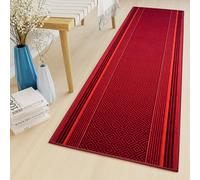TAPISO Antidérapant Tapis Couloir Long sur Mesure Tapis de Passage Poils Ras Tapis Entrée Cuisine Évier Chambre Escaliers Moderne Rouge Rayé Géométrique Bordé 67 x 320 cm