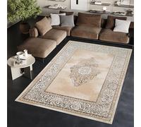 TAPISO Ares Tapis Poils Courts Traditionnel Gris Foncé Beige Ornamental Médaillon Bordure Effet 3D Brillant Doux Tapis Salon Chambre Oeko-TEX Résistant 300 x 400 cm