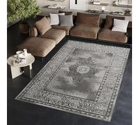 TAPISO Ares Tapis Poils Courts Traditionnel Gris Foncé Gris Clair Ornamental Médaillon Bordure Effet 3D Brillant Doux Tapis Salon Chambre Oeko-TEX Résistant 140 x 200 cm