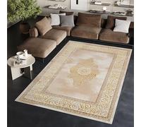 TAPISO Ares Tapis Poils Courts Traditionnel Or Beige Ornamental Médaillon Bordure Effet 3D Brillant Doux Tapis Salon Chambre Oeko-TEX Résistant 300 x 400 cm