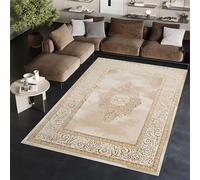 TAPISO Ares Tapis Poils Courts Traditionnel Or Marron Beige Ornamental Médaillon Bordure Effet 3D Brillant Doux Tapis Salon Chambre Oeko-TEX Résistant 140 x 200 cm