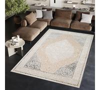 TAPISO Ares Tapis Poils Courts Traditionnel Vintage Beige Gris Foncé Blanc Ornamental Médaillon Bordure Effet 3D Brillant Doux Tapis Salon Chambre Oeko-TEX Résistant 180 x 250 cm