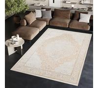 TAPISO Ares Tapis Poils Courts Traditionnel Vintage Crème Blanc Ornamental Floral Médaillon Bordure Effet 3D Brillant Doux Tapis Salon Chambre Oeko-TEX Résistant 200 x 300 cm