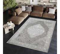 TAPISO Ares Tapis Poils Courts Traditionnel Vintage Gris Clair Blanc Gris Foncé Ornamental Médaillon Bordé Effet 3D Brillant Doux Tapis Salon Chambre Oeko-TEX Résistant 80 x 150 cm