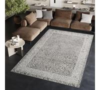 TAPISO Ares Tapis Poils Courts Traditionnel Vintage Gris Clair Blanc Ornamental Floral Bordure Effet 3D Brillant Doux Tapis Salon Chambre Oeko-TEX Résistant 300 x 400 cm