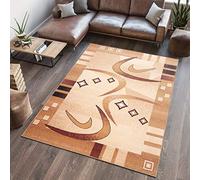 TAPISO Atlas Tapis Poils Ras Moderne Crème Beige Marron Géométrique Vagues Bordure Tapis Salon Chambre Adulte Salle à Manger Bureau Oeko-TEX Résistant 140 x 200 cm