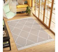 TAPISO Azteca Tapis en Coton à Franges Lavable Réversible Moderne Beige Crème Losanges Tapis Salon Chambre Petit Tapis Descente de Lit Tapis de Passage Oeko-TEX 160 x 230 cm