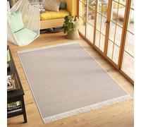 TAPISO Azteca Tapis en Coton à Franges Lavable Réversible Moderne Beige Moucheté Tapis Salon Chambre Petit Tapis Descente de Lit Tapis de Passage Oeko-TEX 140 x 200 cm